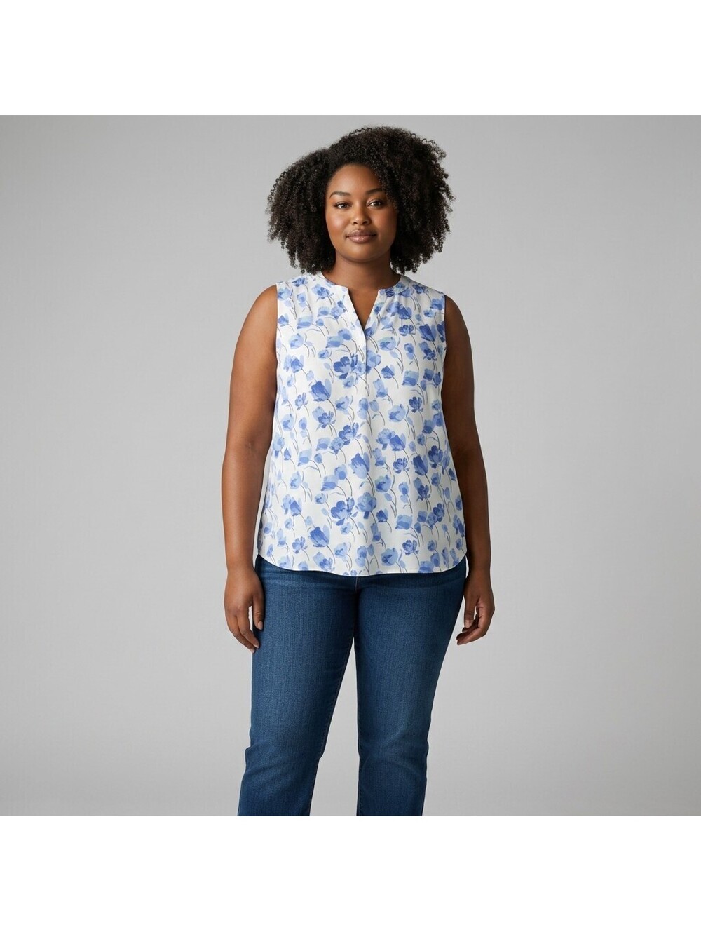 Talbots Blouse Women XL White Floral V-Neck Sleeveless Wide Strap Button Casual